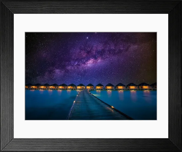 Framed Print : Night time long exposure landscape, over water villas in Maldives. Amazing sunset panorama at Maldives. Luxury resort villas seascape Framed Print : Night time long exposure landscape, over water villas in Maldives. Amazing sunset panorama at Maldives. Luxury resort villas seascape