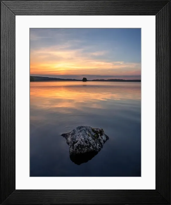 Framed Print : Scenic landscape with beautiful sunset and lake at summer evening in Finland