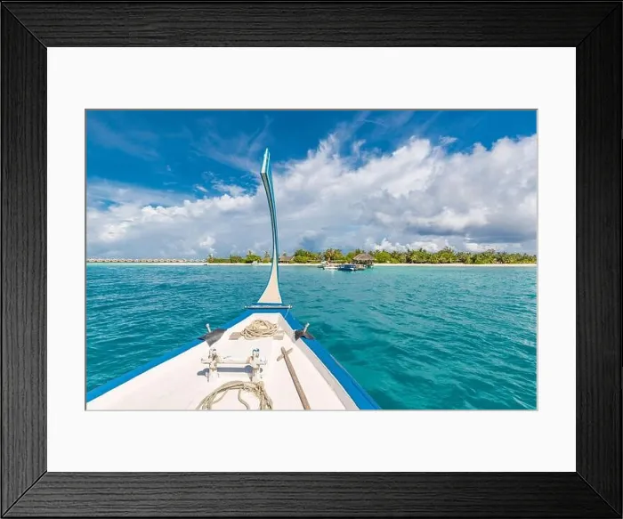 Framed Print : Inspirational Maldives beach design. Maldives traditional boat Dhoni and perfect blue sea with lagoon. Luxury tropical paradise concept Framed Print : Inspirational Maldives beach design. Maldives traditional boat Dhoni and perfect blue sea with lagoon. Luxury tropical paradise concept