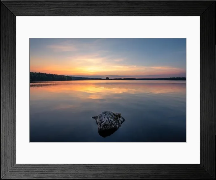 Framed Print : Scenic landscape with beautiful sunset and lake at summer evening in Finland Framed Print : Scenic landscape with beautiful sunset and lake at summer evening in Finland