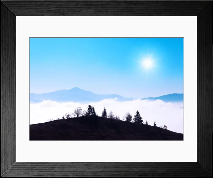 Framed Print : Beauty blue mountains range with clear sky, bright sun and trees silhouette. Landscape photography Framed Print : Beauty blue mountains range with clear sky, bright sun and trees silhouette. Landscape photography