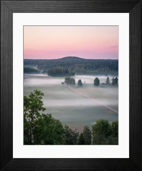 Framed Print : Beautiful landscape view with fog and meadow at summer evening in countryside, Finland Framed Print : Beautiful landscape view with fog and meadow at summer evening in countryside, Finland