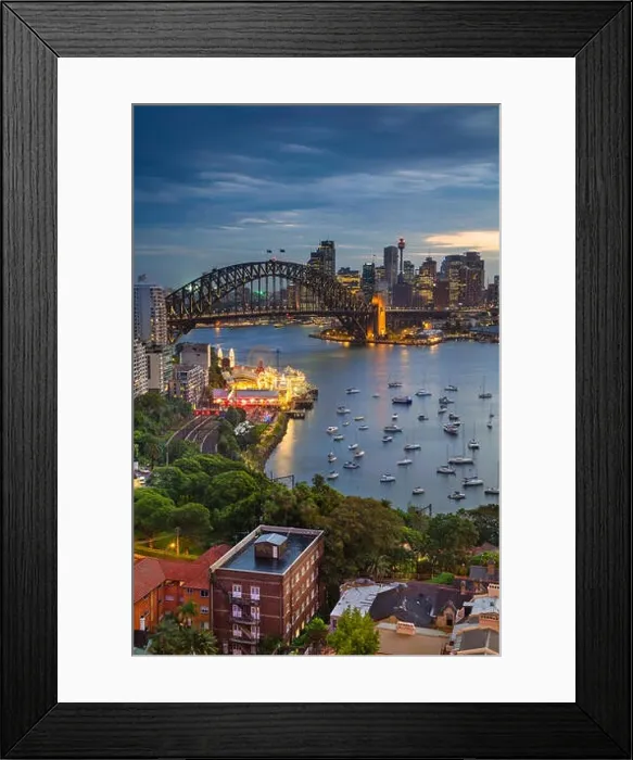 Framed Print : Sydney. Cityscape image of Sydney, Australia with Harbour Bridge and Sydney skyline during twilight blue hour Framed Print : Sydney. Cityscape image of Sydney, Australia with Harbour Bridge and Sydney skyline during twilight blue hour