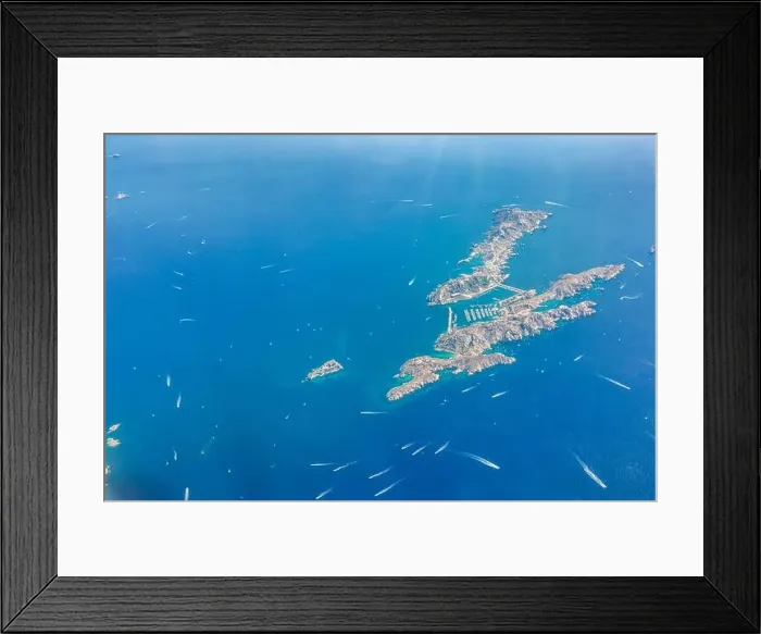 Framed Print : Aerial drone shot view of yachts between Ile Sainte Marguerite and Ile Saint Honorat in mediterranean sea