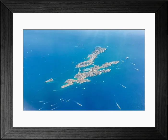 Framed Print : Aerial drone shot view of yachts between Ile Sainte Marguerite and Ile Saint Honorat in mediterranean sea Framed Print : Aerial drone shot view of yachts between Ile Sainte Marguerite and Ile Saint Honorat in mediterranean sea