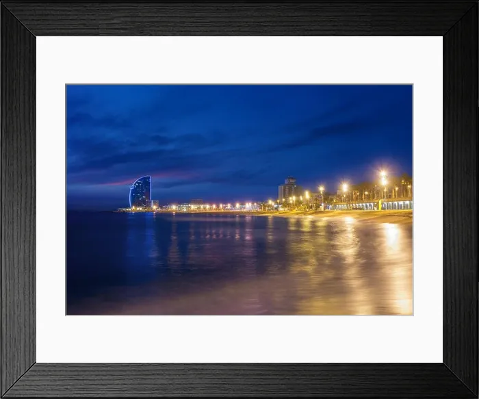 Framed Print : Barcelona Beach in summer night along seaside in Barcelona, Spain. Mediterranean Sea in Spain Framed Print : Barcelona Beach in summer night along seaside in Barcelona, Spain. Mediterranean Sea in Spain