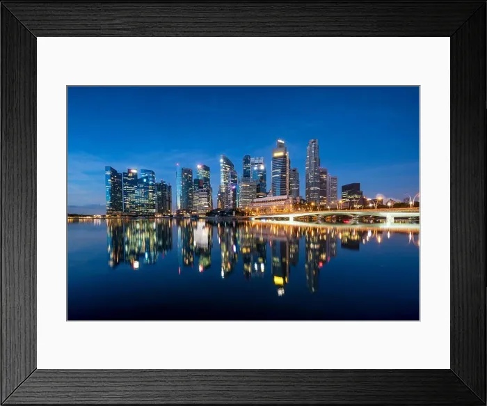 Framed Print : Singapore business district skyline in night at Marina Bay, Singapore Framed Print : Singapore business district skyline in night at Marina Bay, Singapore