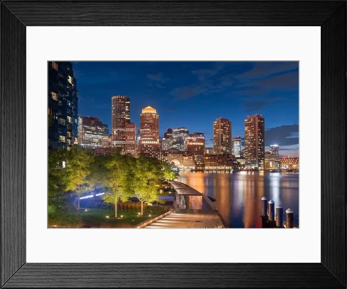 Framed Print : Boston, Massachusetts, USA downtown city skyline and pier at twilight Framed Print : Boston, Massachusetts, USA downtown city skyline and pier at twilight