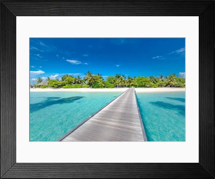 Framed Print : Beautiful tropical Maldives island with beach sea and coconut palm tree on blue sky for nature holiday vacation background concept. Luxury travel