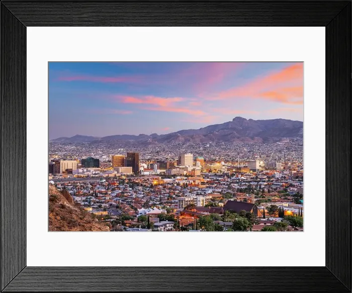 Framed Print : El Paso, Texas, USA downtown city skyline at dusk with Juarez, Mexico in the distance Framed Print : El Paso, Texas, USA downtown city skyline at dusk with Juarez, Mexico in the distance