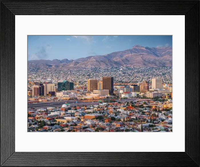 Framed Print : El Paso, Texas, USA downtown city skyline at dusk with Juarez, Mexico in the distance Framed Print : El Paso, Texas, USA downtown city skyline at dusk with Juarez, Mexico in the distance