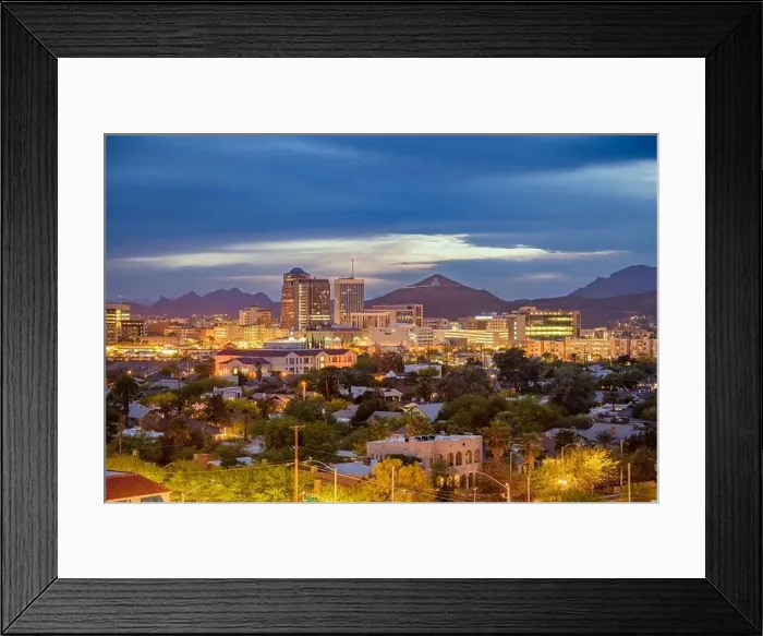 Framed Print : Tucson, Arizona, USA downtown skyline with Sentinel Peak at dusk. (Mountaintop A for Arizona') Framed Print : Tucson, Arizona, USA downtown skyline with Sentinel Peak at dusk. (Mountaintop A for Arizona')