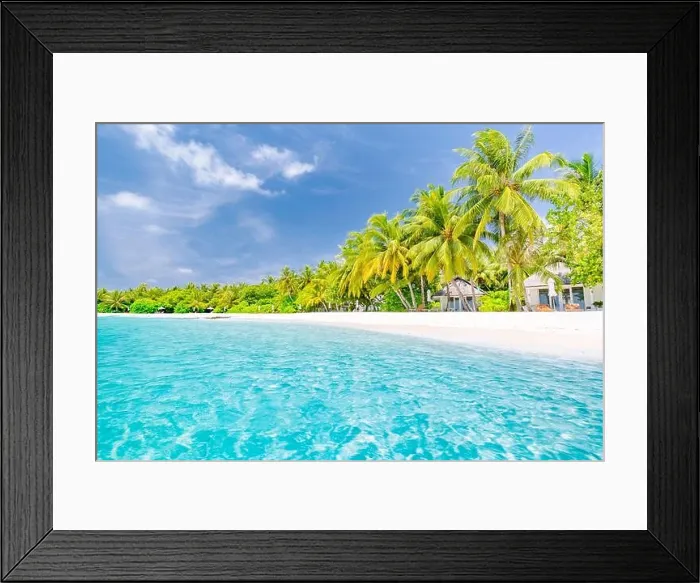 Framed Print : Beautiful beach resort, coast, shore with white sand and palm trees. Amazing summer holiday vacation concept, luxury travel destination. Tropic beach Framed Print : Beautiful beach resort, coast, shore with white sand and palm trees. Amazing summer holiday vacation concept, luxury travel destination. Tropic beach