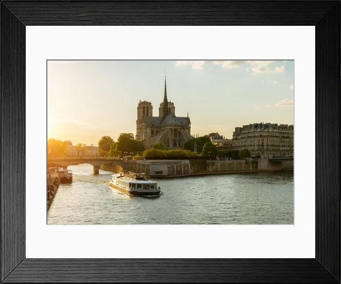 Framed Print : Notre Dame de Paris with cruise ship on Seine river in Paris, France Framed Print : Notre Dame de Paris with cruise ship on Seine river in Paris, France