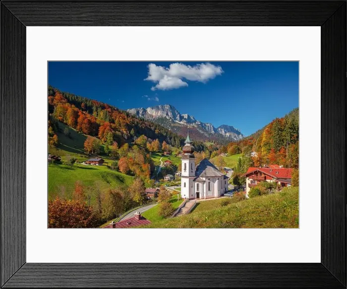 Framed Print : Autumn in Alps. Image of the Bavarian Alps with Maria Gern Church during beautiful autumn day Framed Print : Autumn in Alps. Image of the Bavarian Alps with Maria Gern Church during beautiful autumn day
