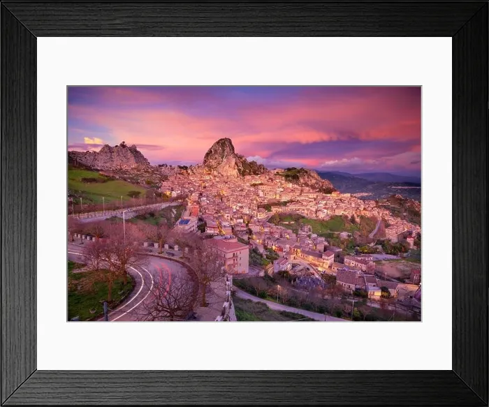 Framed Print : Caltabellotta, Sicily, Italy. Cityscape image if historic town Caltabellotta in Sicily at dramatic sunset