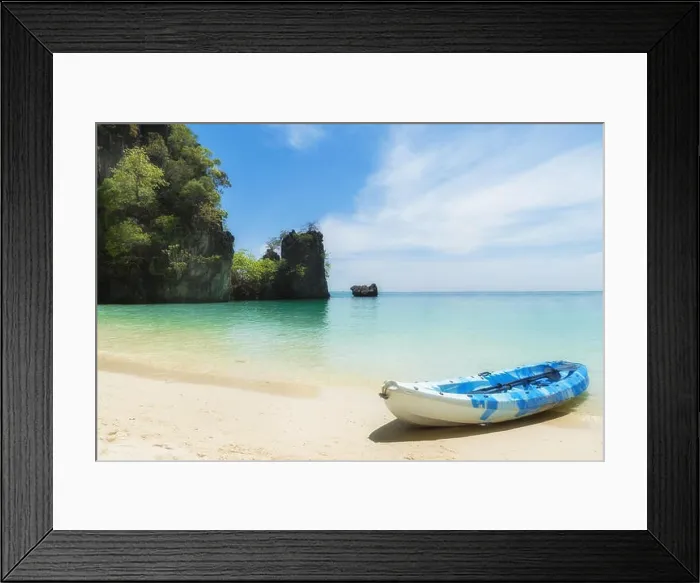 Framed Print : Blue kayaks on the tropical beach in Phuket, Thailand. Summer, Vacation and Travel concept Framed Print : Blue kayaks on the tropical beach in Phuket, Thailand. Summer, Vacation and Travel concept