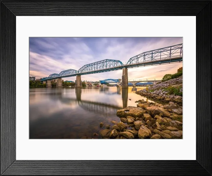Framed Print : Chattanooga, Tennessee, USA river and bridge at dusk Framed Print : Chattanooga, Tennessee, USA river and bridge at dusk
