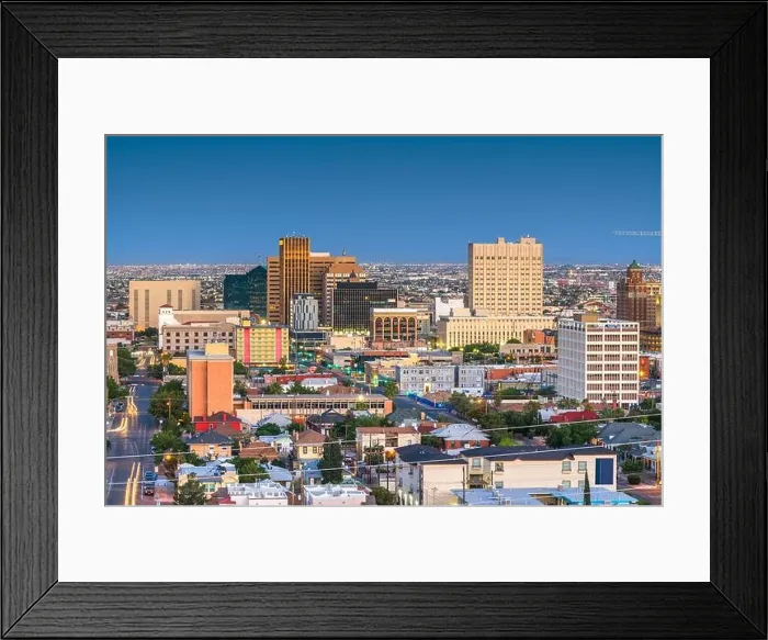 Framed Print : El Paso, Texas, USA downtown city skyline at dusk with Juarez, Mexico in the distance Framed Print : El Paso, Texas, USA downtown city skyline at dusk with Juarez, Mexico in the distance