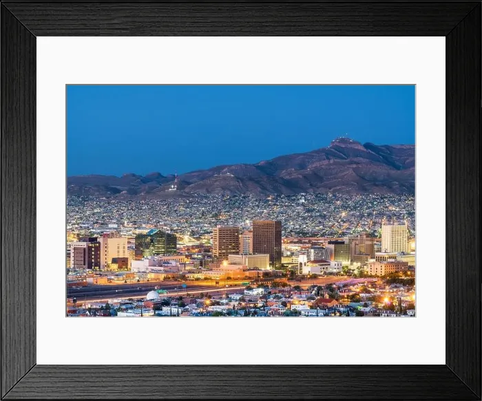 Framed Print : El Paso, Texas, USA downtown city skyline at dusk with Juarez, Mexico in the distance Framed Print : El Paso, Texas, USA downtown city skyline at dusk with Juarez, Mexico in the distance