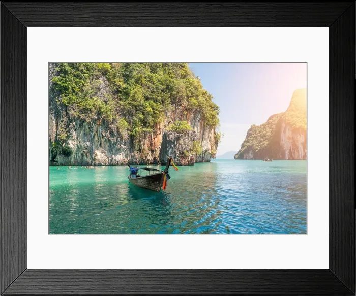 Framed Print : Beautiful landscape of rocks mountain and crystal clear sea with longtail boat at Phuket, Thailand. Summer, Travel, Vacation, Holiday concept Framed Print : Beautiful landscape of rocks mountain and crystal clear sea with longtail boat at Phuket, Thailand. Summer, Travel, Vacation, Holiday concept