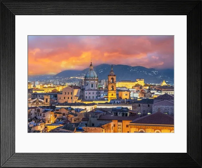 Framed Print : Palermo, Sicily town skyline with landmark towers at dusk Framed Print : Palermo, Sicily town skyline with landmark towers at dusk