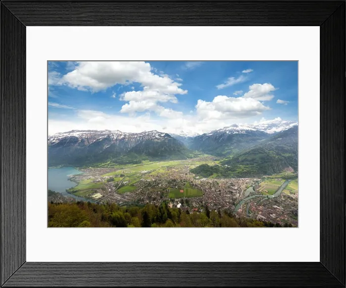 Framed Print : Aerial view of city district and Interlaken from viewpoint at Harder Kulm in Interlaken, Bern, Switzerland Framed Print : Aerial view of city district and Interlaken from viewpoint at Harder Kulm in Interlaken, Bern, Switzerland