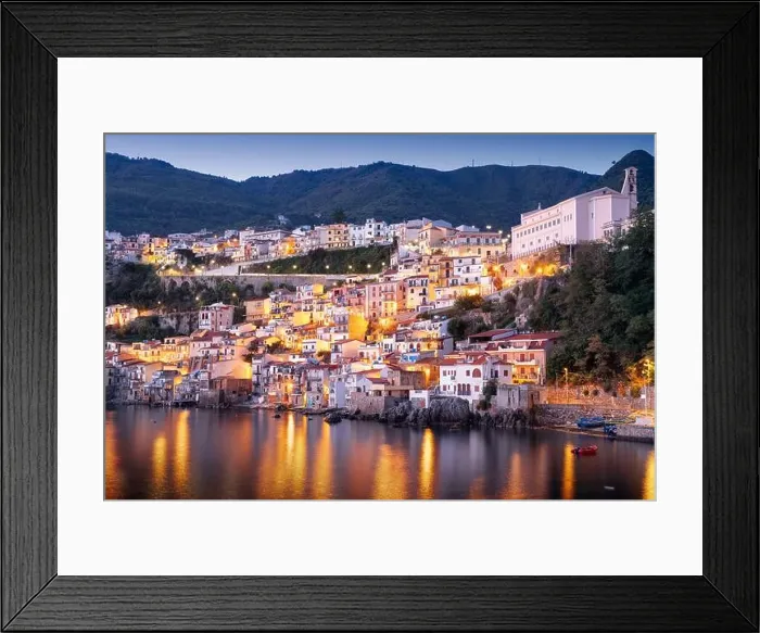 Framed Print : Scilla, Italy waterfront buildings at the port at dusk Framed Print : Scilla, Italy waterfront buildings at the port at dusk