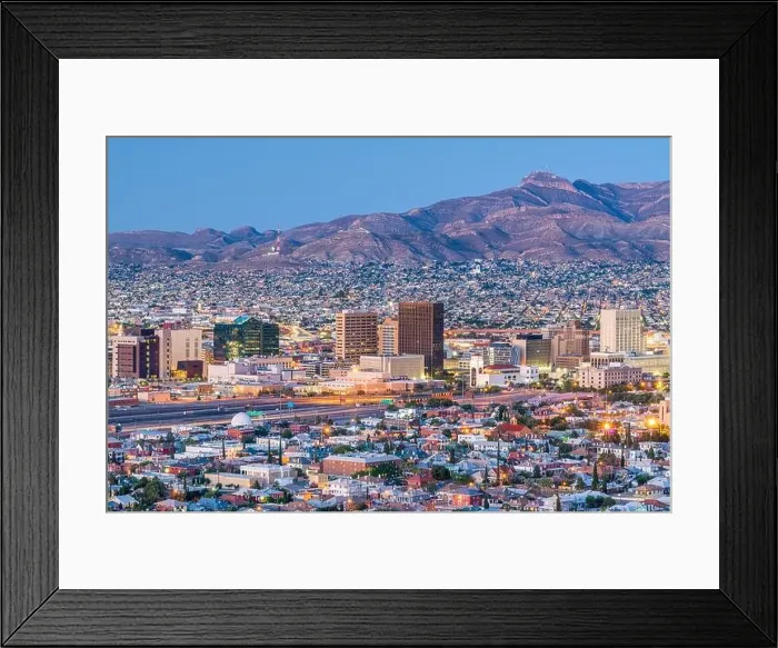 Framed Print : El Paso, Texas, USA downtown city skyline at dusk with Juarez, Mexico in the distance Framed Print : El Paso, Texas, USA downtown city skyline at dusk with Juarez, Mexico in the distance