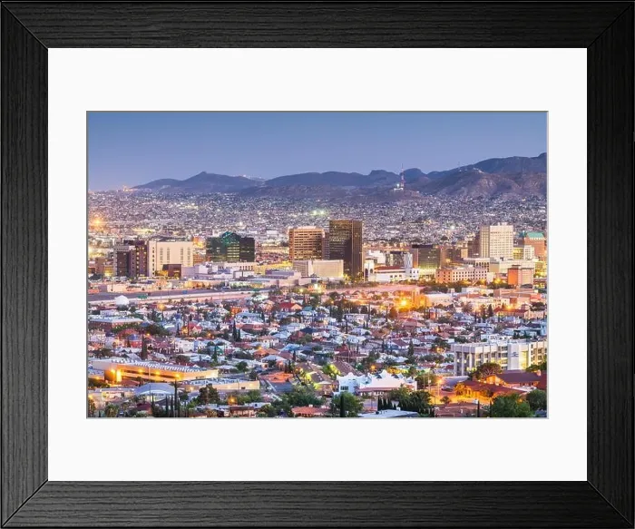 Framed Print : El Paso, Texas, USA downtown city skyline at dusk with Juarez, Mexico in the distance Framed Print : El Paso, Texas, USA downtown city skyline at dusk with Juarez, Mexico in the distance