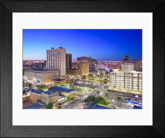 Framed Print : El Paso, Texas, USA downtown city skyline at dusk with Juarez, Mexico in the distance Framed Print : El Paso, Texas, USA downtown city skyline at dusk with Juarez, Mexico in the distance