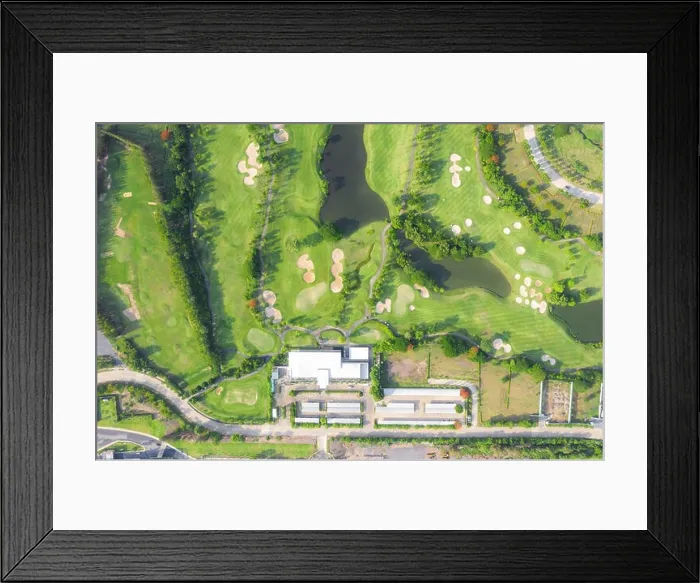 Framed Print : Aerial panoramic view of golf course and houses in city Framed Print : Aerial panoramic view of golf course and houses in city