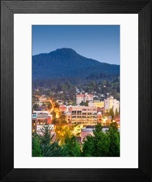 Framed Print : Eugene, Oregon, USA downtown cityscape at dusk