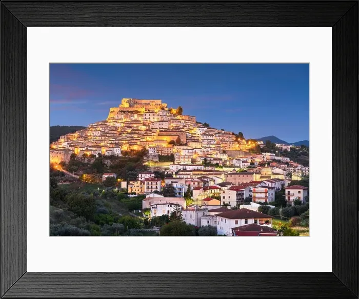Framed Print : Rocca Imperiale, Italy hilltop town at night in the Calabria Region Framed Print : Rocca Imperiale, Italy hilltop town at night in the Calabria Region