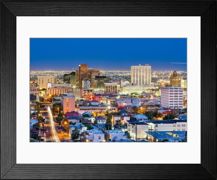 Framed Print : El Paso, Texas, USA downtown city skyline at dusk with Juarez, Mexico in the distance Framed Print : El Paso, Texas, USA downtown city skyline at dusk with Juarez, Mexico in the distance