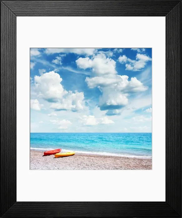 Framed Print : Two kayaks on sea edge. Incredible blue sky with fluffy clouds on background. Summer time Framed Print : Two kayaks on sea edge. Incredible blue sky with fluffy clouds on background. Summer time