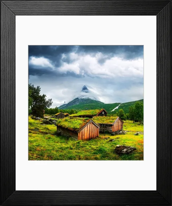 Framed Print : Typical norwegian old wooden houses with grass roofs in Innerdalen - Norway's most beautiful mountain valley, near Innerdalsvatna lake Framed Print : Typical norwegian old wooden houses with grass roofs in Innerdalen - Norway's most beautiful mountain valley, near Innerdalsvatna lake