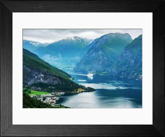 Framed Print : Breathtaking view of Sunnylvsfjorden fjord and cruise ship, near Geiranger village in western Norway. Landscape photography Framed Print : Breathtaking view of Sunnylvsfjorden fjord and cruise ship, near Geiranger village in western Norway. Landscape photography