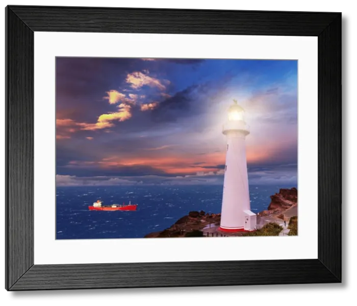 Framed Print : Sunset seascape, lighthouse on the bluff Framed Print : Sunset seascape, lighthouse on the bluff