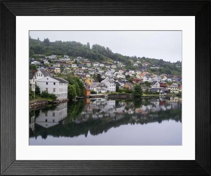 Framed Print : Cloudy summer view of Hardangerfjord and Norheimsund village, Norway, Europe Framed Print : Cloudy summer view of Hardangerfjord and Norheimsund village, Norway, Europe