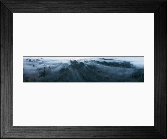 Framed Print : As dusk begins to fall, dense fog rolls over a forest of cedar and fir trees covering the many hills surrounding Portland, Oregon Framed Print : As dusk begins to fall, dense fog rolls over a forest of cedar and fir trees covering the many hills surrounding Portland, Oregon