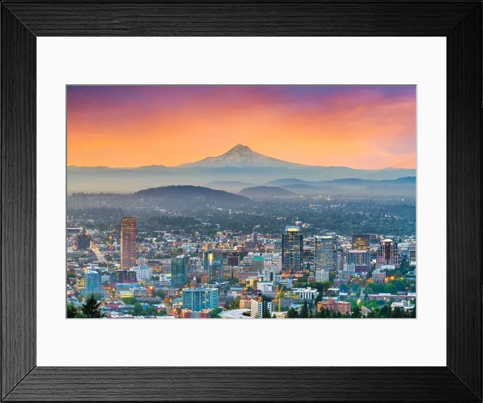 Framed Print : Portland, Oregon, USA downtown skyline with Mt. Hood at dawn Framed Print : Portland, Oregon, USA downtown skyline with Mt. Hood at dawn
