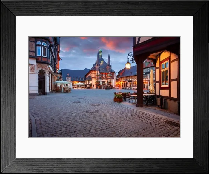 Framed Print : Wernigerode, Germany. Cityscape image of historical downtown of Wernigerode, Germany with Old Town Hall at summer sunrise Framed Print : Wernigerode, Germany. Cityscape image of historical downtown of Wernigerode, Germany with Old Town Hall at summer sunrise
