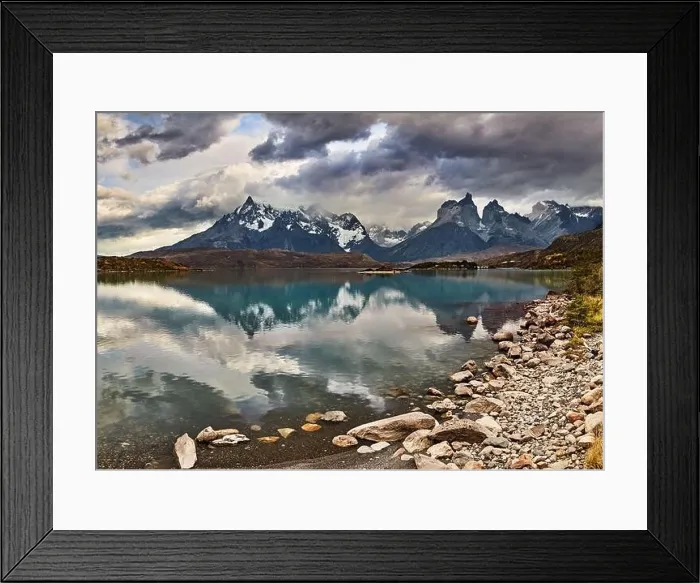 Framed Print : Still lake with reflection in Torres del Paine National Park, Lake Pehoe and Cuernos mountains, Patagonia, Chile Framed Print : Still lake with reflection in Torres del Paine National Park, Lake Pehoe and Cuernos mountains, Patagonia, Chile
