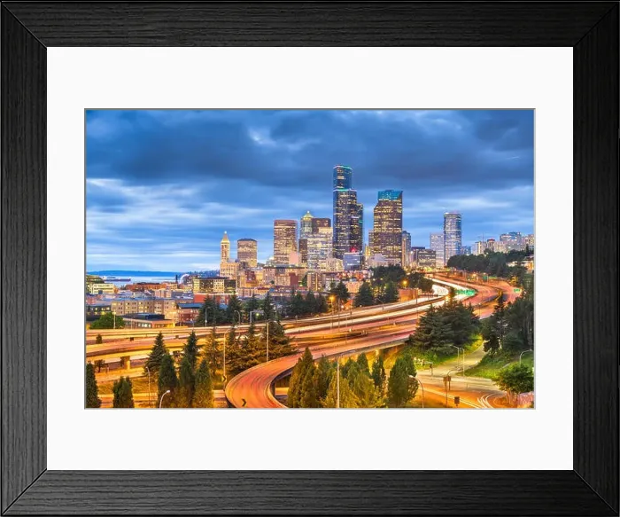 Framed Print : Seattle, Washington, USA downtown skyline and highways at dusk Framed Print : Seattle, Washington, USA downtown skyline and highways at dusk