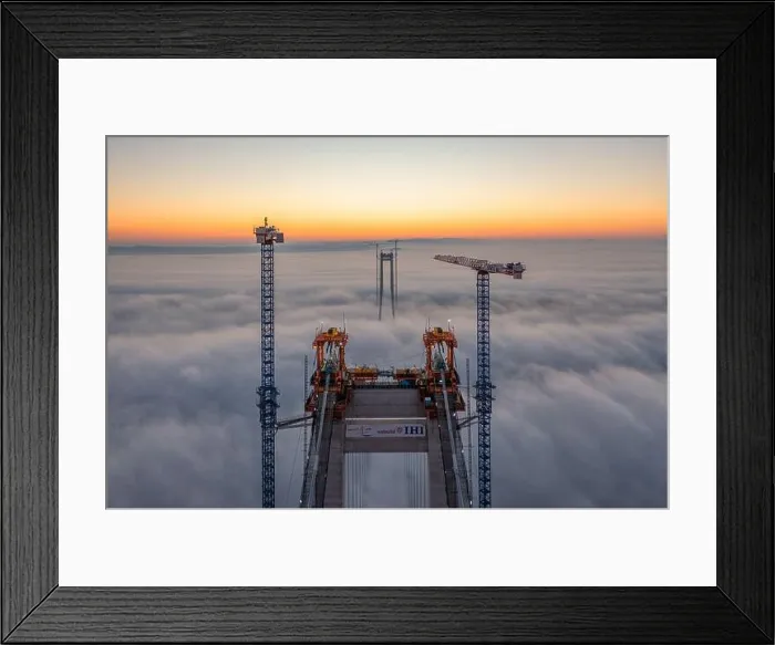 Framed Print : Braila, Romania - November 13, 2022: IHI Webuild japonese company building the bridge over Danube River near Braila City in Romania. Panoramic aerial Framed Print : Braila, Romania - November 13, 2022: IHI Webuild japonese company building the bridge over Danube River near Braila City in Romania. Panoramic aerial