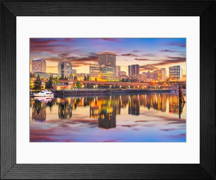 Framed Print : Tacoma, Washington, USA downtown skyline at dusk on Commencement Bay Framed Print : Tacoma, Washington, USA downtown skyline at dusk on Commencement Bay