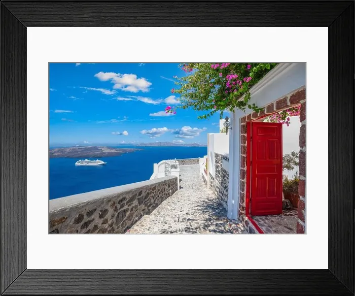 Framed Print : Fantastic travel background, Santorini urban landscape. Red door or gate with stairs and white architecture under blue sky. Idyllic summer vacation Framed Print : Fantastic travel background, Santorini urban landscape. Red door or gate with stairs and white architecture under blue sky. Idyllic summer vacation