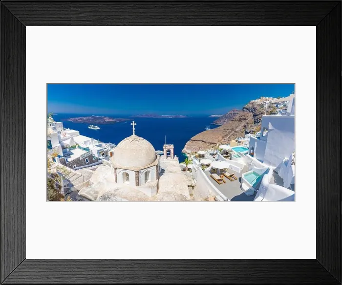 Framed Print : Amazing sunny day view of Fira, caldera, volcano of Santorini, Greece. Stunning travel landscape, summer romantic couples vacation destination scenic Framed Print : Amazing sunny day view of Fira, caldera, volcano of Santorini, Greece. Stunning travel landscape, summer romantic couples vacation destination scenic