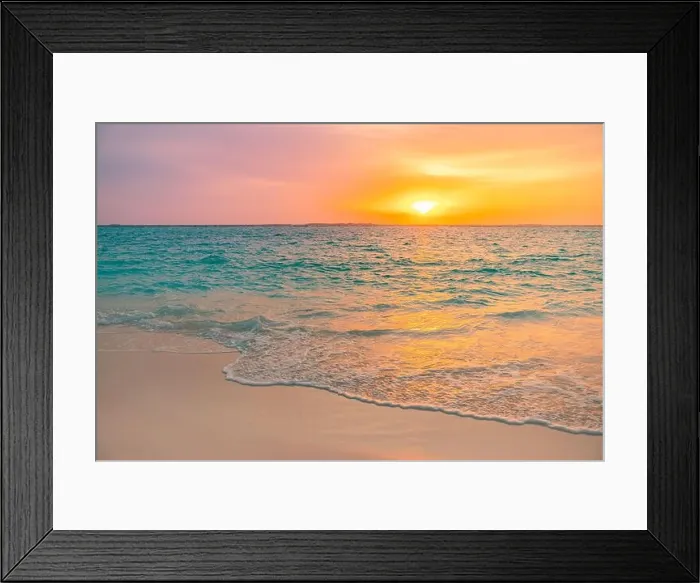 Framed Print : Closeup sea sand beach. Panoramic beach landscape. Inspire tropical beach seascape horizon. Colorful golden sunset sky calmness tranquil relaxation Framed Print : Closeup sea sand beach. Panoramic beach landscape. Inspire tropical beach seascape horizon. Colorful golden sunset sky calmness tranquil relaxation